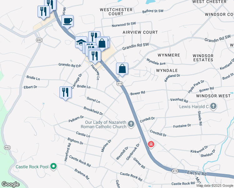 map of restaurants, bars, coffee shops, grocery stores, and more near 2231 Tannehill Drive in Cave Spring