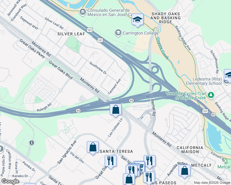map of restaurants, bars, coffee shops, grocery stores, and more near 5962 Southlite Court in San Jose