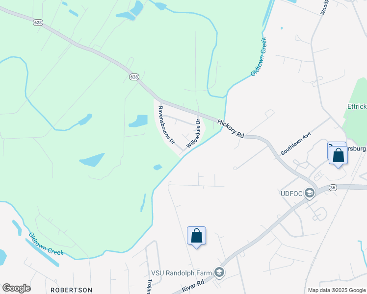 map of restaurants, bars, coffee shops, grocery stores, and more near 20615 Ravensbourne Drive in Petersburg