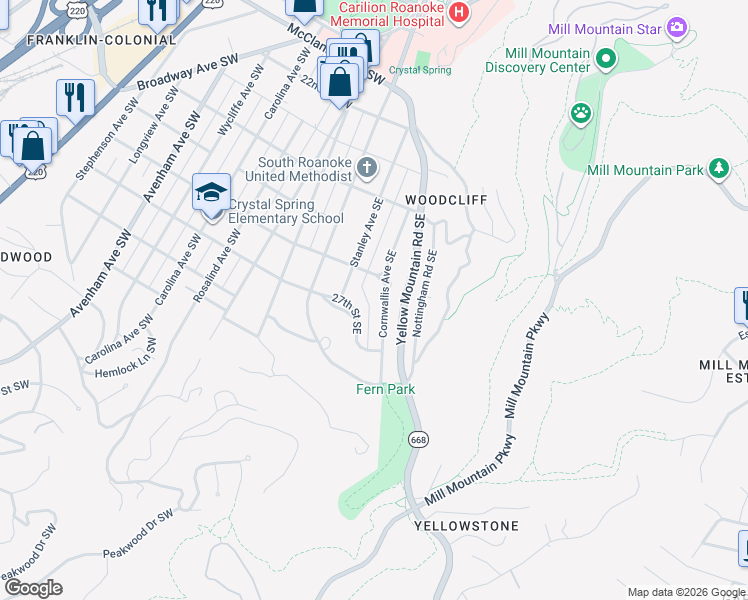 map of restaurants, bars, coffee shops, grocery stores, and more near 2619 Cornwallis Avenue Southeast in Roanoke