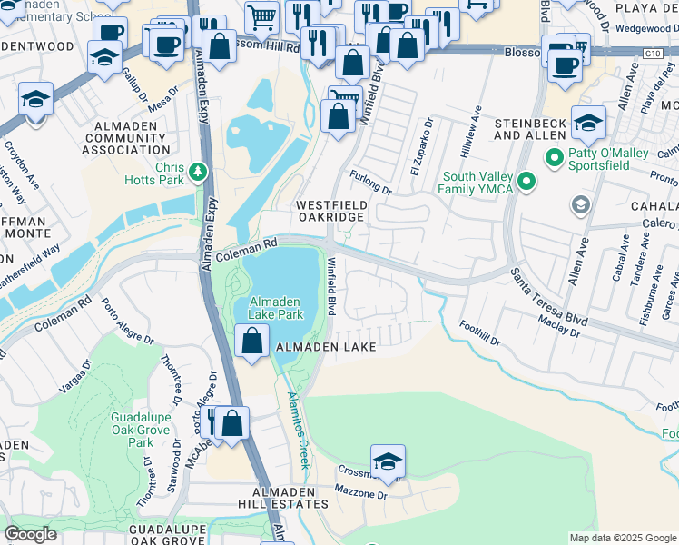map of restaurants, bars, coffee shops, grocery stores, and more near 3400 La Terrace Circle in San Jose