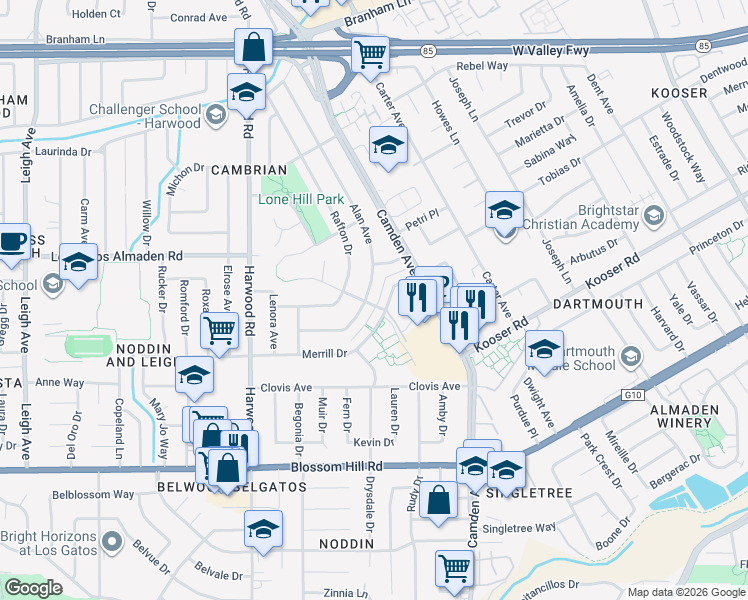 map of restaurants, bars, coffee shops, grocery stores, and more near 5286 Alan Avenue in San Jose