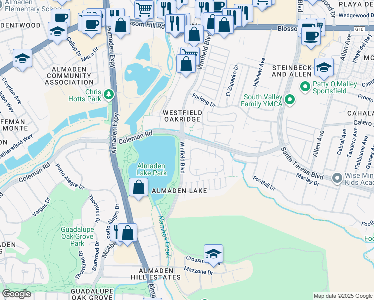 map of restaurants, bars, coffee shops, grocery stores, and more near 3400 La Terrace Circle in San Jose