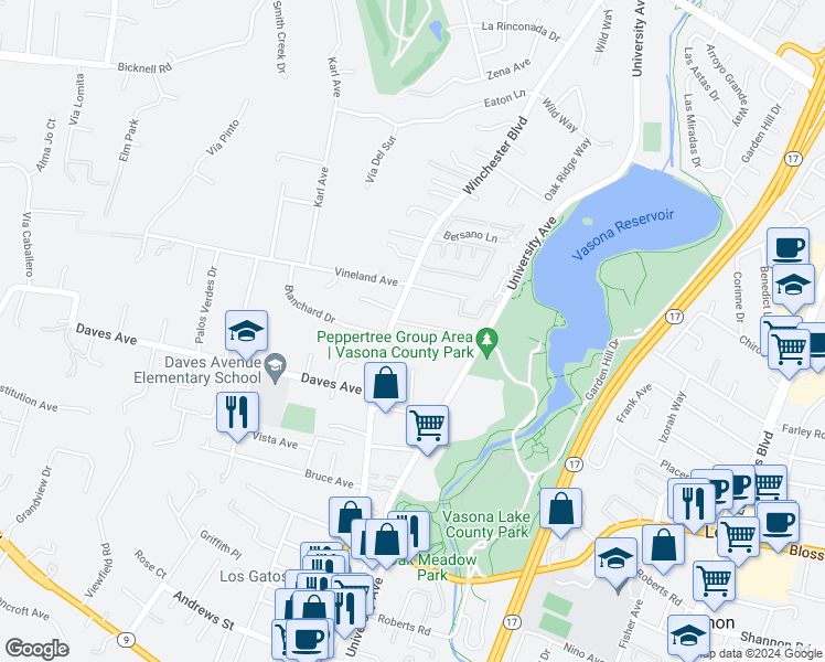 map of restaurants, bars, coffee shops, grocery stores, and more near 17446 El Rancho Avenue in Monte Sereno