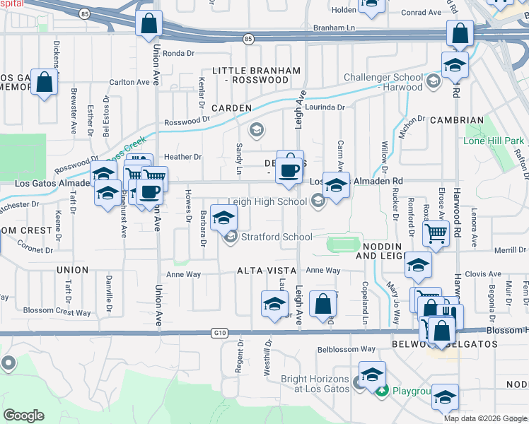 map of restaurants, bars, coffee shops, grocery stores, and more near 418 Hershner Way in Los Gatos