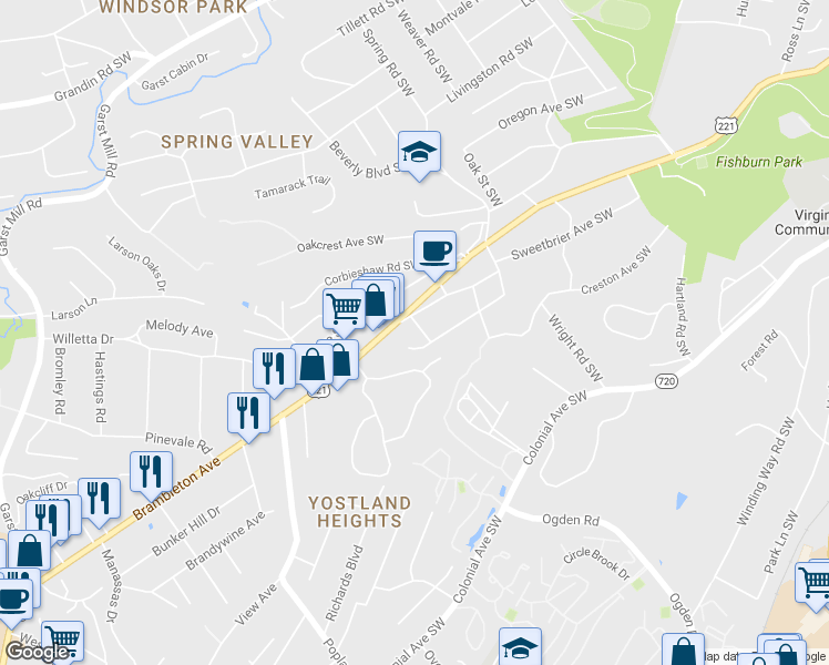 map of restaurants, bars, coffee shops, grocery stores, and more near 3611 Buckner Road Southwest in Roanoke