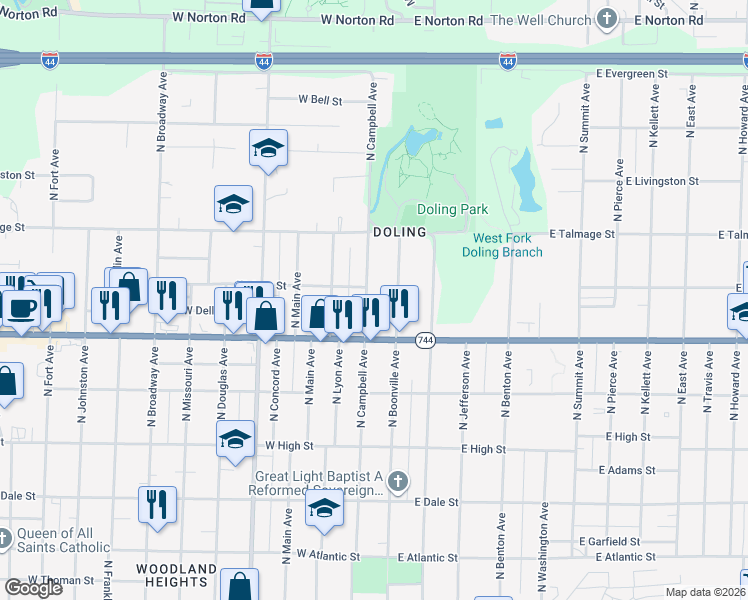 map of restaurants, bars, coffee shops, grocery stores, and more near 2444 North Campbell Avenue in Springfield