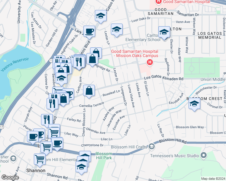 map of restaurants, bars, coffee shops, grocery stores, and more near 16205 Roseleaf Lane in Los Gatos