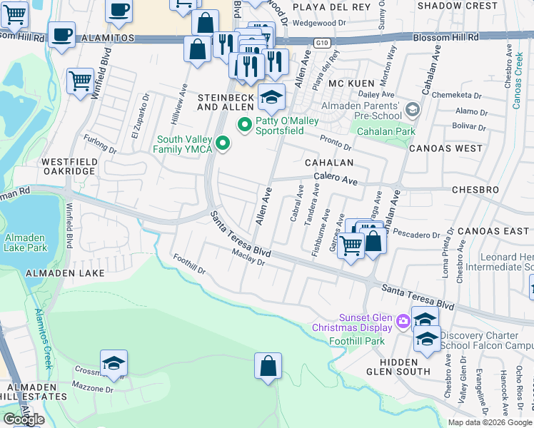 map of restaurants, bars, coffee shops, grocery stores, and more near 5942 Allen Avenue in San Jose