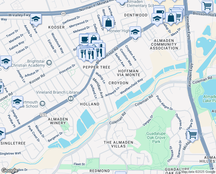 map of restaurants, bars, coffee shops, grocery stores, and more near 5678 Waltrip Lane in San Jose