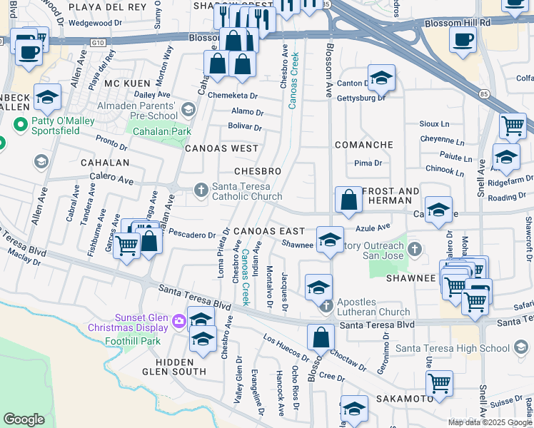 map of restaurants, bars, coffee shops, grocery stores, and more near 5871 Indian Avenue in San Jose
