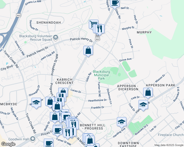 map of restaurants, bars, coffee shops, grocery stores, and more near 810 Giles Road in Blacksburg