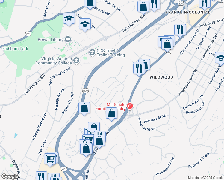map of restaurants, bars, coffee shops, grocery stores, and more near 198 Southwest Kingsbury Lane in Roanoke