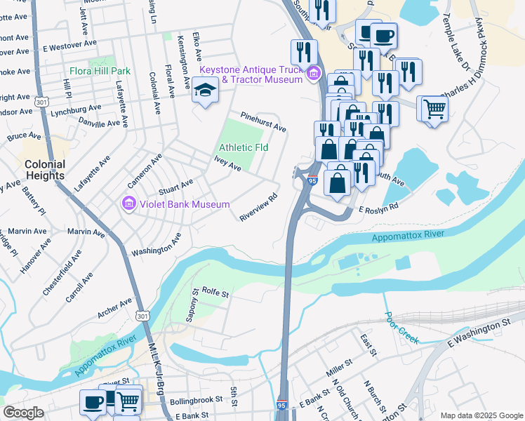 map of restaurants, bars, coffee shops, grocery stores, and more near 525 Riverview Road in Colonial Heights