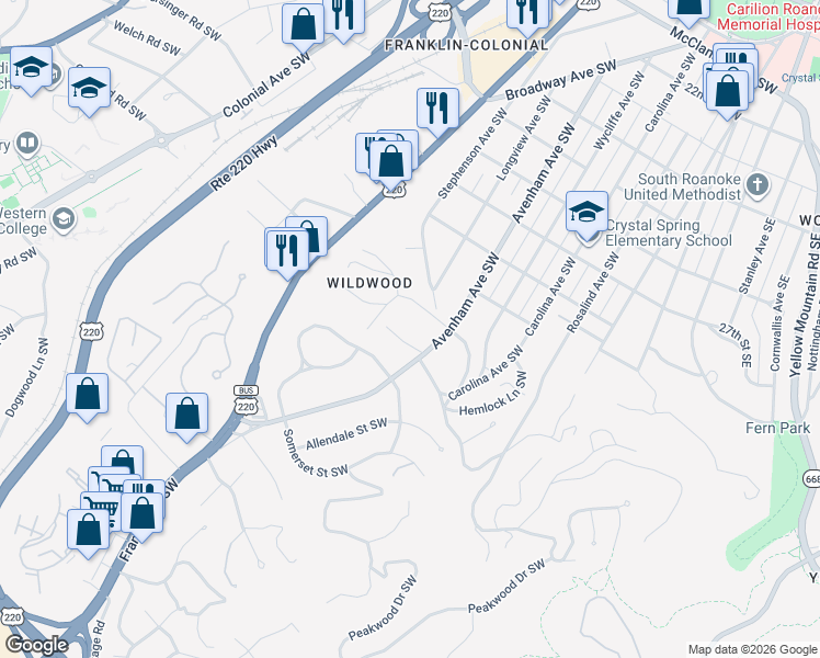 map of restaurants, bars, coffee shops, grocery stores, and more near 3027 Avenham Avenue Southwest in Roanoke