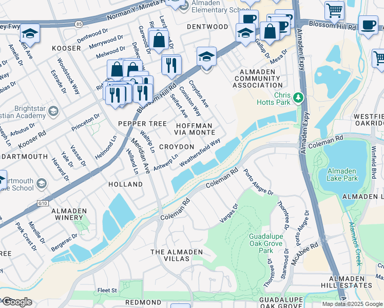 map of restaurants, bars, coffee shops, grocery stores, and more near 1279 Weathersfield Way in San Jose