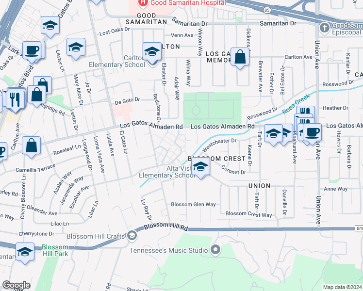 map of restaurants, bars, coffee shops, grocery stores, and more near 127 Escobar Avenue in Los Gatos