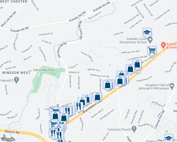 map of restaurants, bars, coffee shops, grocery stores, and more near 3393 Melody Avenue in Roanoke