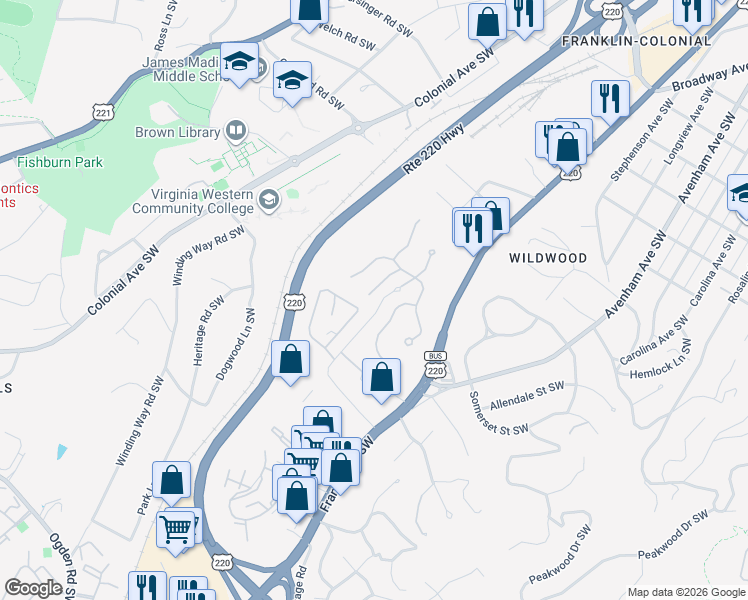 map of restaurants, bars, coffee shops, grocery stores, and more near 3338 Belshire Court Southwest in Roanoke