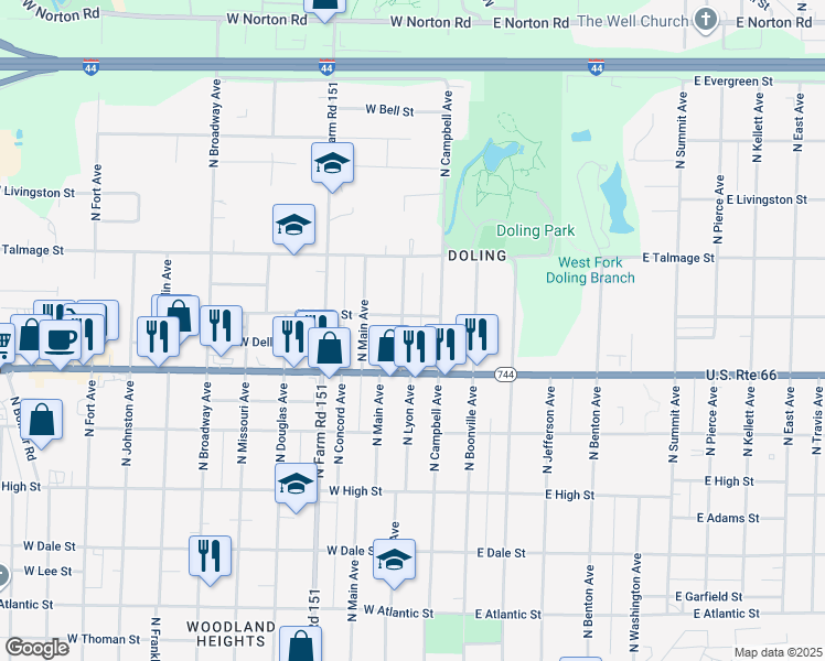 map of restaurants, bars, coffee shops, grocery stores, and more near 2446 North Lyon Avenue in Springfield