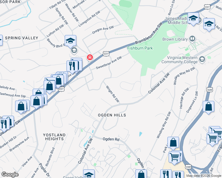 map of restaurants, bars, coffee shops, grocery stores, and more near 3536 Wright Road Southwest in Roanoke