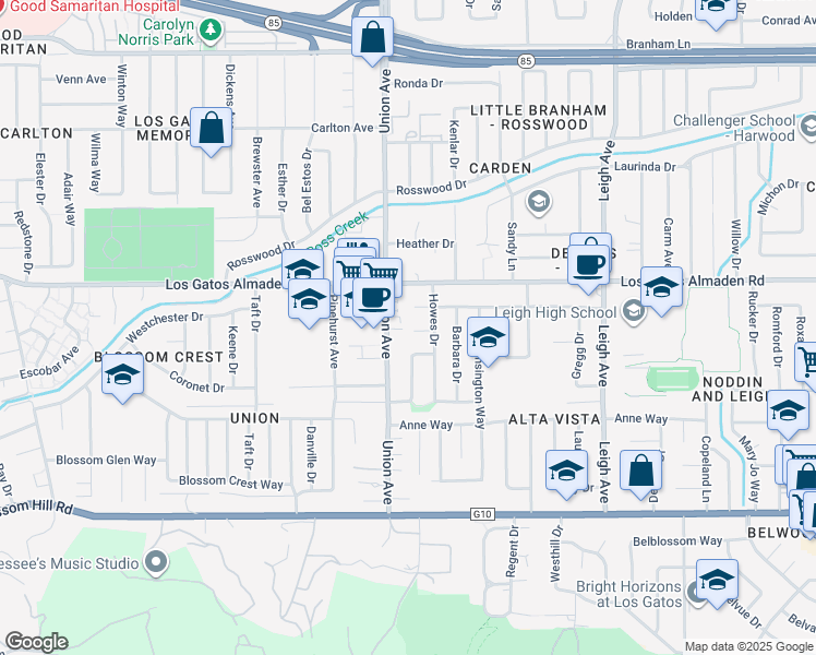 map of restaurants, bars, coffee shops, grocery stores, and more near 259 Howes Ct in Los Gatos