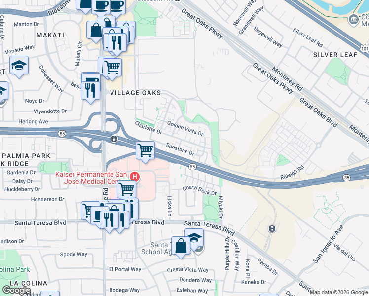 map of restaurants, bars, coffee shops, grocery stores, and more near 6068 Sunstone Drive in San Jose