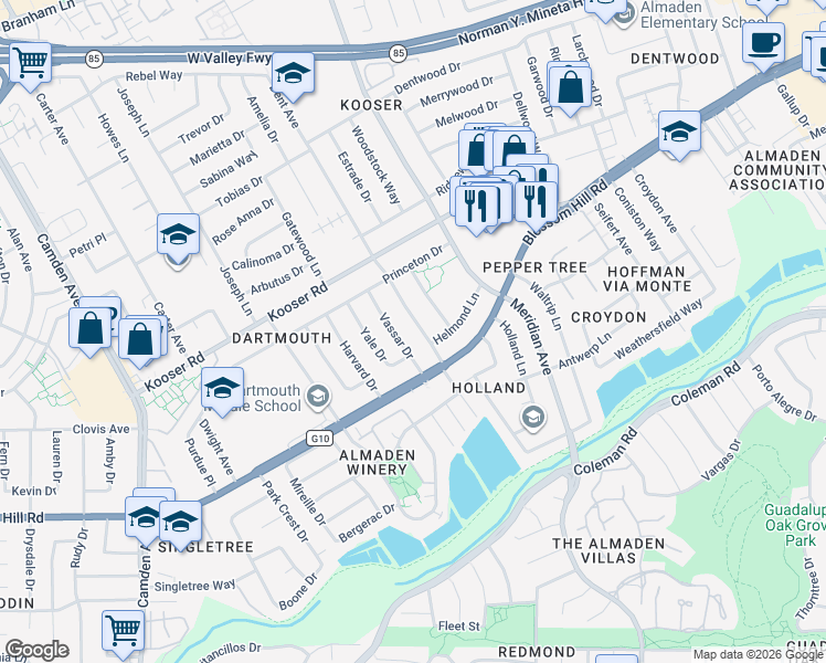 map of restaurants, bars, coffee shops, grocery stores, and more near 5573 Dent Avenue in San Jose