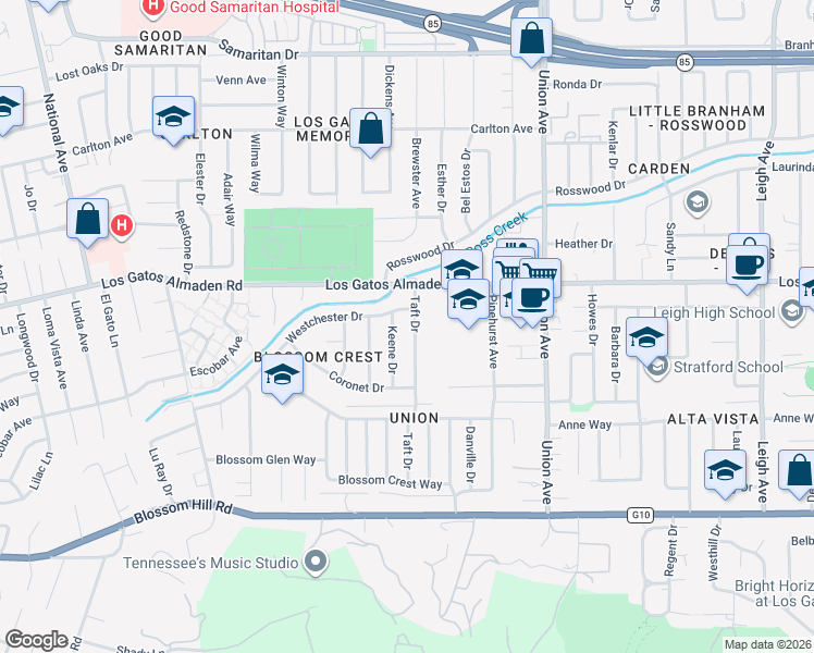 map of restaurants, bars, coffee shops, grocery stores, and more near 5275 Taft Drive in San Jose