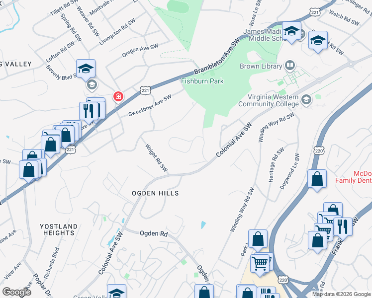 map of restaurants, bars, coffee shops, grocery stores, and more near 2549 Inglewood Road Southwest in Roanoke
