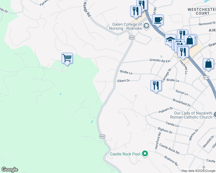 map of restaurants, bars, coffee shops, grocery stores, and more near 5314 Carolyn Circle in Roanoke