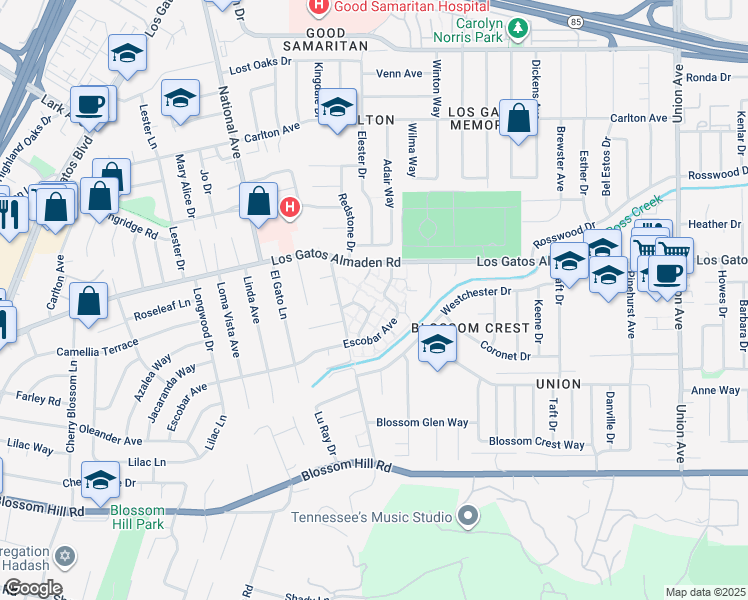 map of restaurants, bars, coffee shops, grocery stores, and more near 128 Milmar Way in Los Gatos