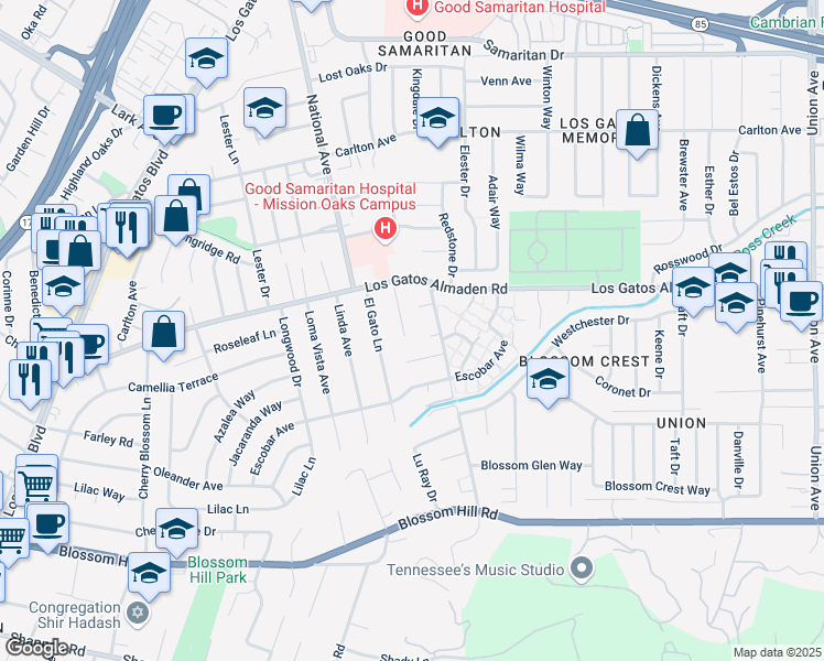 map of restaurants, bars, coffee shops, grocery stores, and more near 124 Verde Court in Los Gatos