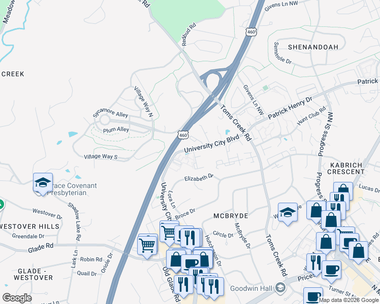 map of restaurants, bars, coffee shops, grocery stores, and more near 1222 University City Boulevard in Blacksburg