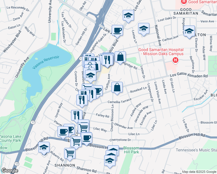 map of restaurants, bars, coffee shops, grocery stores, and more near 6 Carlton Avenue in Los Gatos