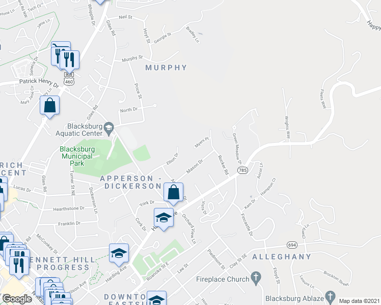 map of restaurants, bars, coffee shops, grocery stores, and more near 900 Myers Place in Blacksburg