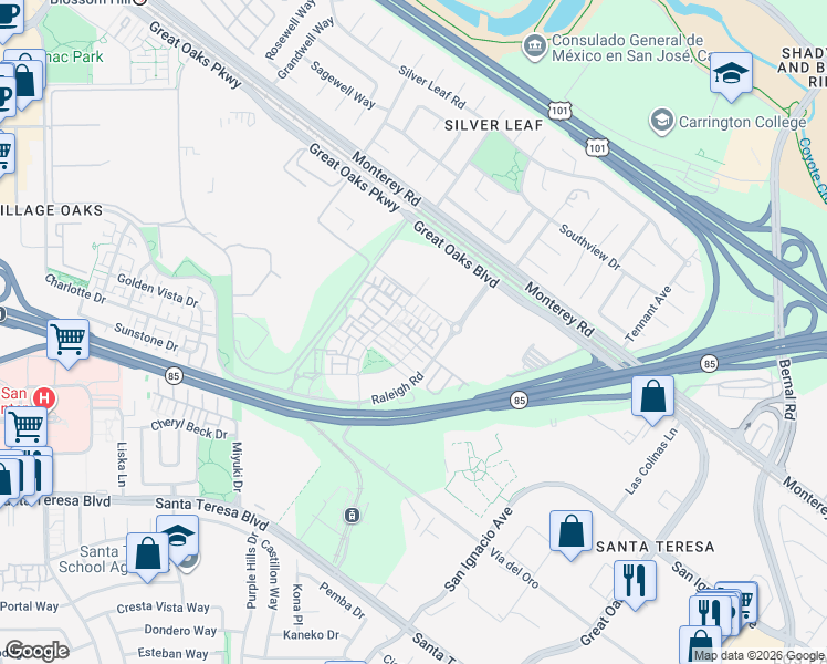 map of restaurants, bars, coffee shops, grocery stores, and more near 5886 Impact Lane in San Jose
