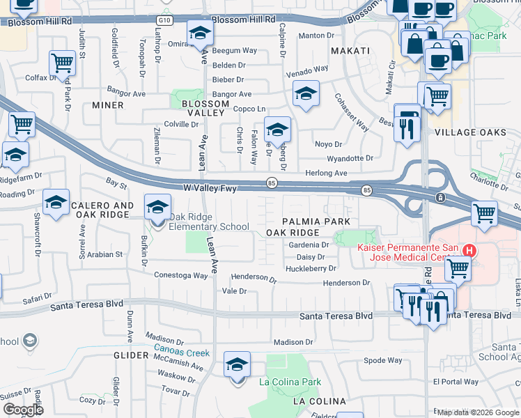 map of restaurants, bars, coffee shops, grocery stores, and more near 5858 La Estrada Drive in San Jose