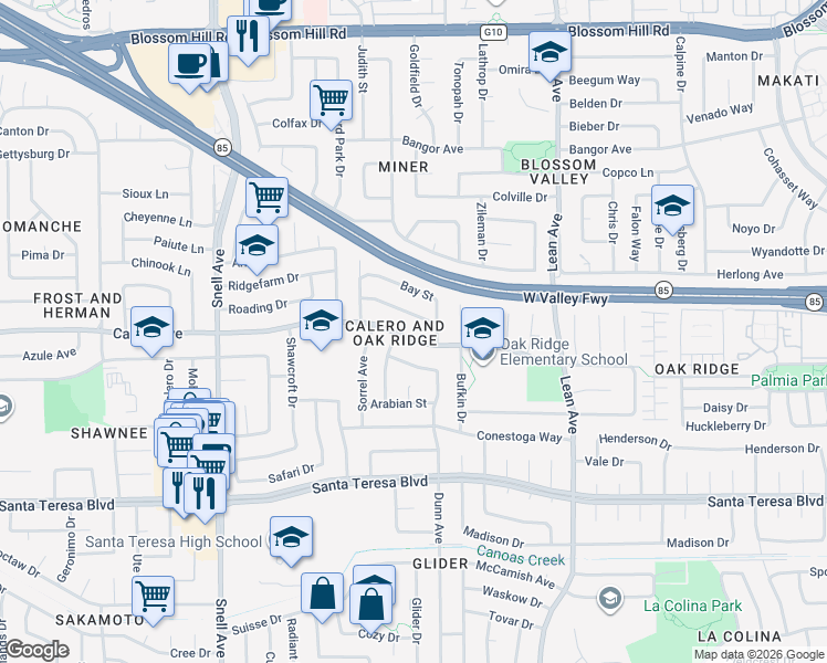 map of restaurants, bars, coffee shops, grocery stores, and more near 357 Calero Avenue in San Jose