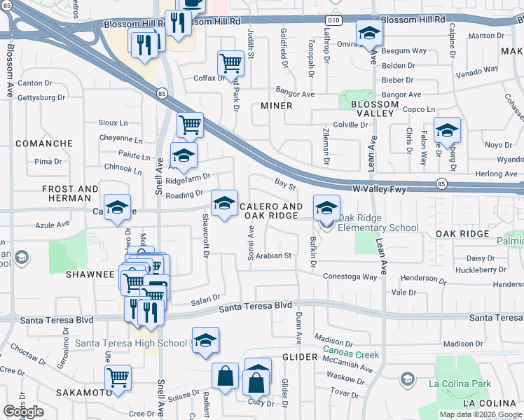 map of restaurants, bars, coffee shops, grocery stores, and more near 5901 Clydesdale Avenue in San Jose