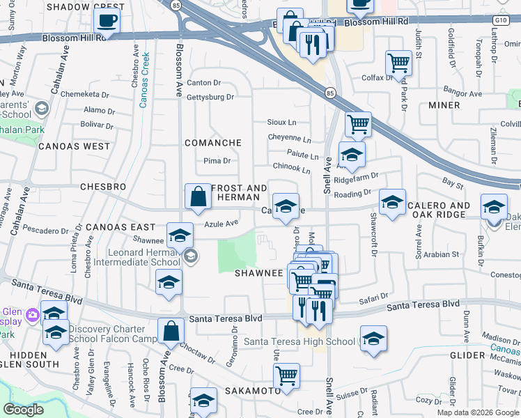 map of restaurants, bars, coffee shops, grocery stores, and more near 591 Yurok Circle in San Jose