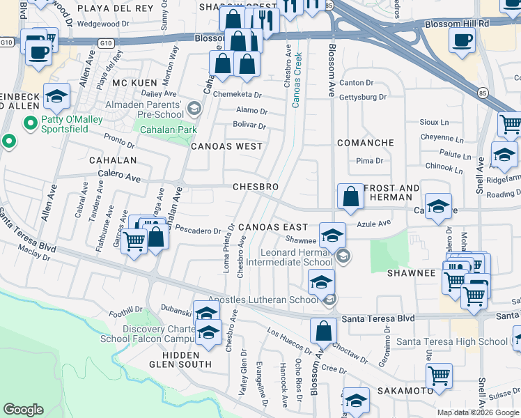 map of restaurants, bars, coffee shops, grocery stores, and more near 5871 Indian Avenue in San Jose