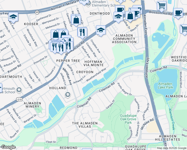map of restaurants, bars, coffee shops, grocery stores, and more near 1279 Weathersfield Way in San Jose