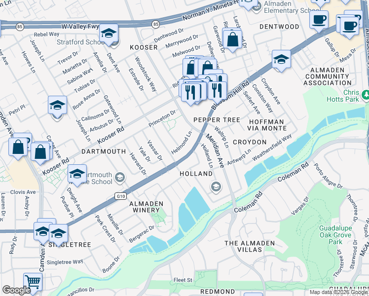 map of restaurants, bars, coffee shops, grocery stores, and more near 1434 Helmond Lane in San Jose