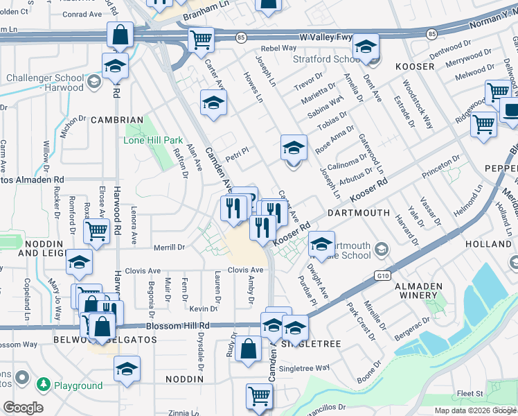 map of restaurants, bars, coffee shops, grocery stores, and more near 1654 Merrill Loop in San Jose