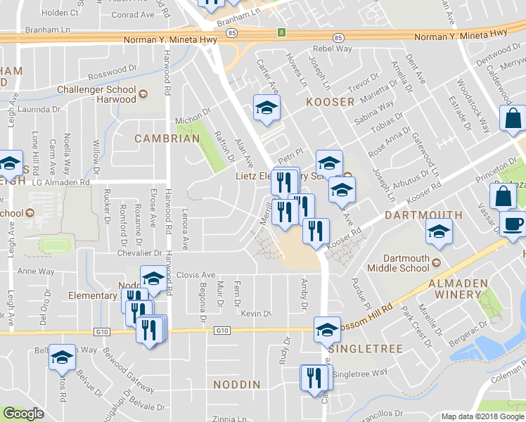map of restaurants, bars, coffee shops, grocery stores, and more near 5286 Alan Avenue in San Jose