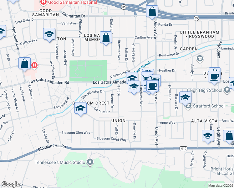 map of restaurants, bars, coffee shops, grocery stores, and more near 5275 Taft Drive in San Jose