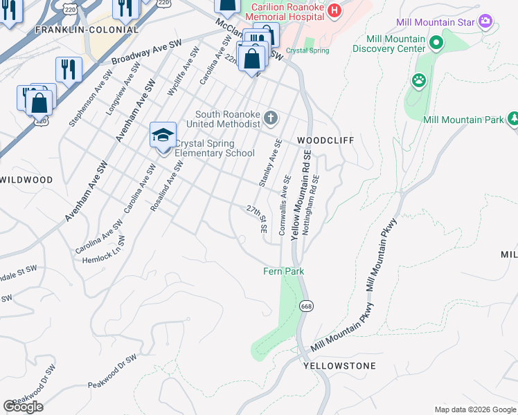 map of restaurants, bars, coffee shops, grocery stores, and more near 41-99 27th Street Southeast in Roanoke