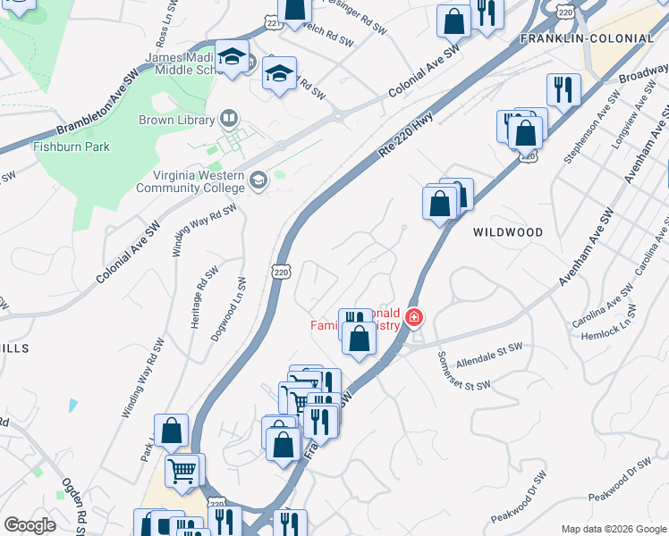 map of restaurants, bars, coffee shops, grocery stores, and more near 801-813 Duke of Gloucester St SW in Roanoke