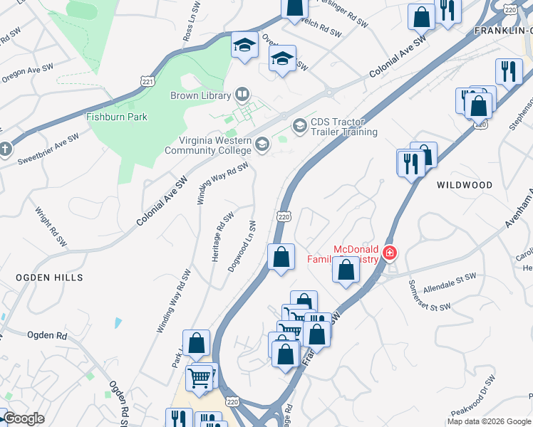 map of restaurants, bars, coffee shops, grocery stores, and more near 3612 Dogwood Lane Southwest in Roanoke